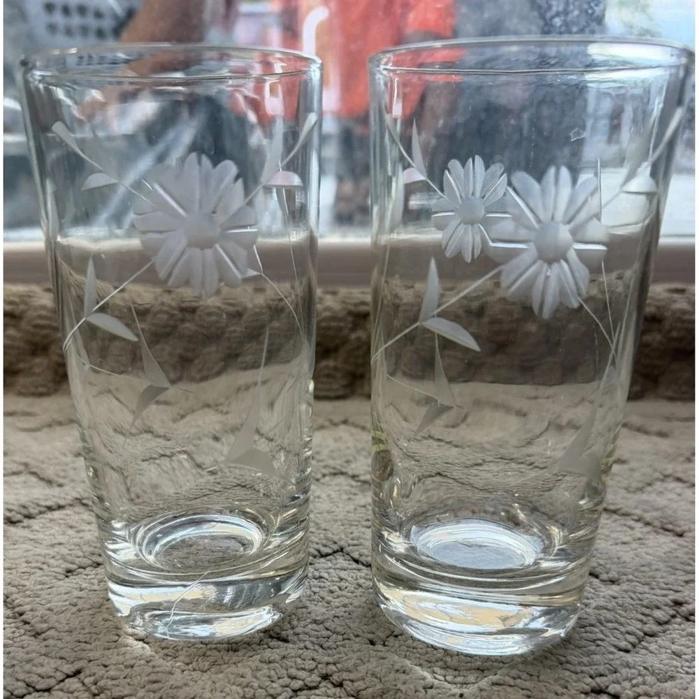 Vintage Mid-Century Etched Floral Highball Glasses, Set of 2